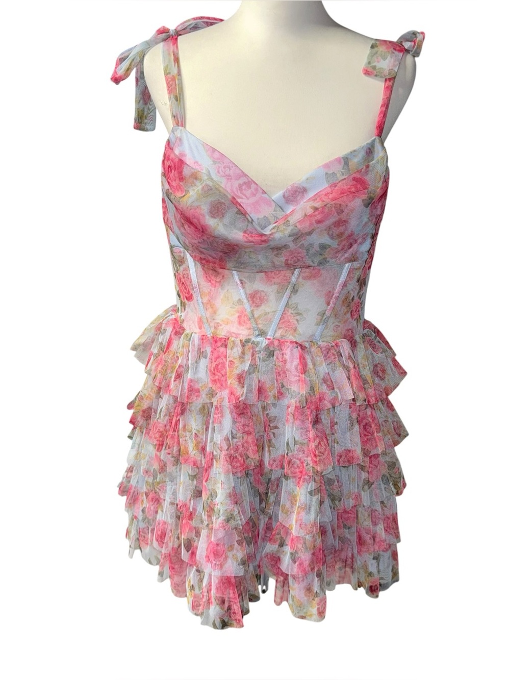 B. Darlin Juniors 15/16 Tiered Mesh Mini Dress Sleeveless P25AE07 Blue Pink NWT